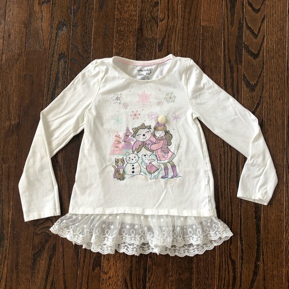 Cynthia Rowley Girls M (7/8) White Long-Sleeved Embellished Tee w/Lace Hem -EUC! - Picture 1 of 12